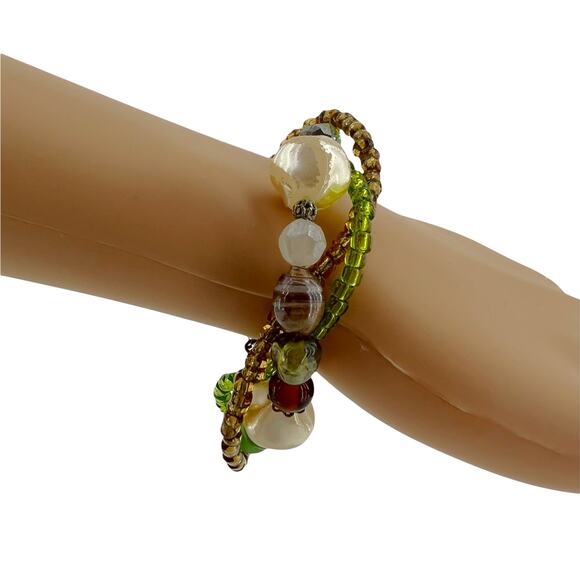 Green Beaded Faux Pearl Glass Multi Strand 8.5 inch Gold Lobster Claw Bracelet - Picture 3 of 4